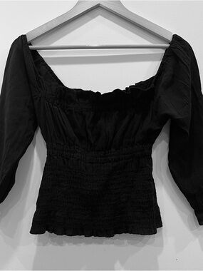 Black cotton smocked off the shoulder long sleeve top Flowy Boho